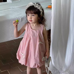 女寶寶夏季連衣裙背心裙花苞洋氣2024新款純色蝴蝶結公主裙夏
