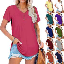 2023ebay亚马逊wish夏欧美V领针织纯色上衣大码宽松短袖T恤衫女装