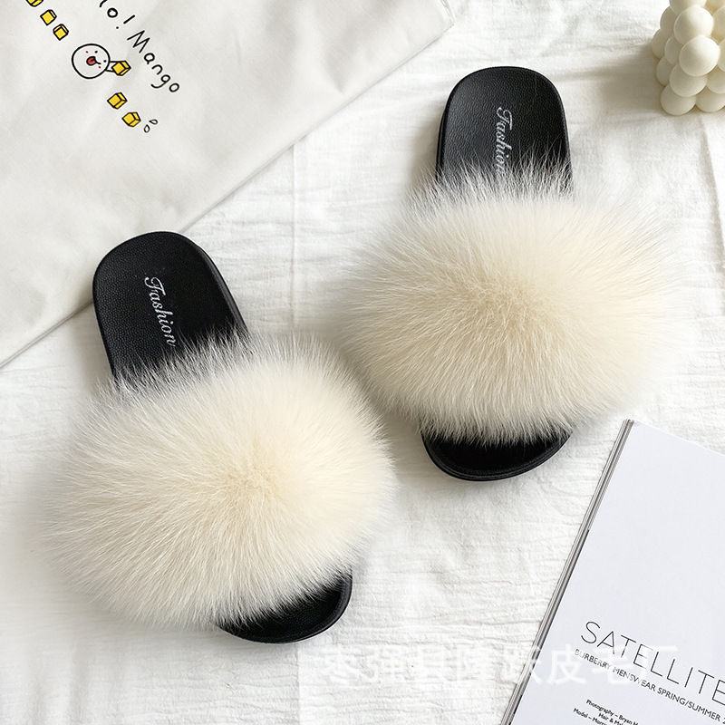 Amazon transfronterizo zapatillas de pelo de zorro real zapatillas de pelo de fondo plano zapatillas de pelo de mujer zapatillas de pelo de verano nuevas exportaciones