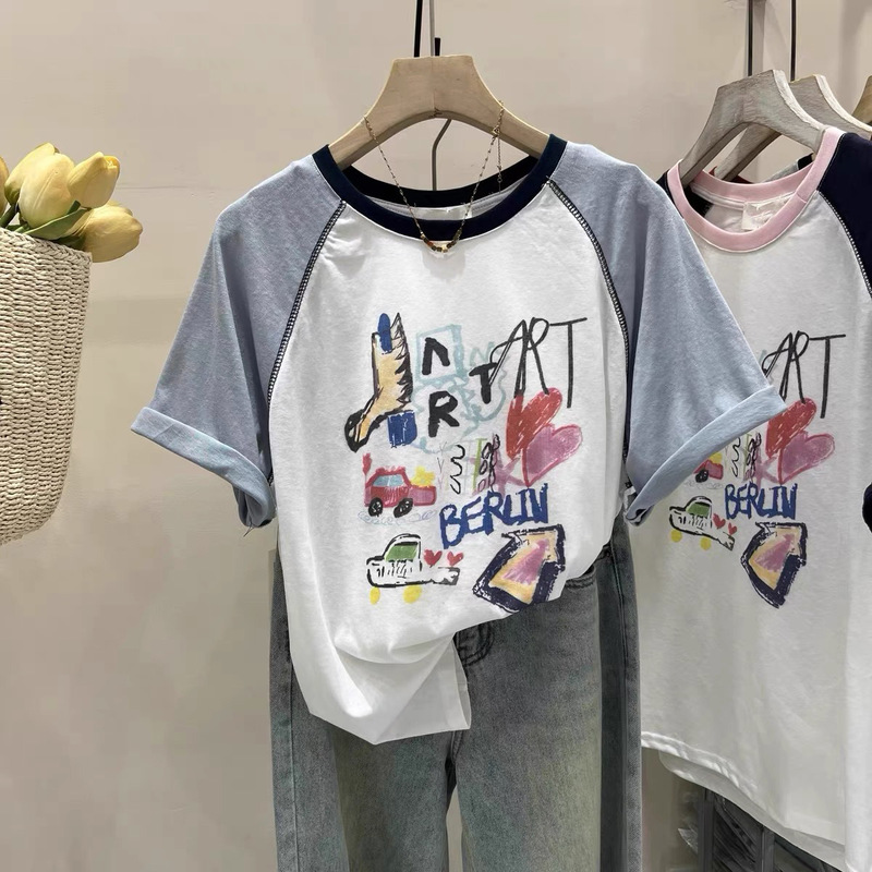 Korean Style Thin Breathable Raglan Sleeve Cotton Short-sleeved T-shirt Women's Summer New Loose Color-matching Age-reducing Cartoon Top