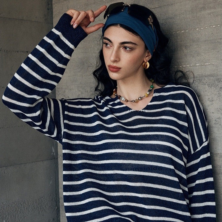 Loose-Fitting Japanese-Style Cool-Touch Cotton Yarn Knit Sweater with Round V-Neck and Long Sleeves for Women