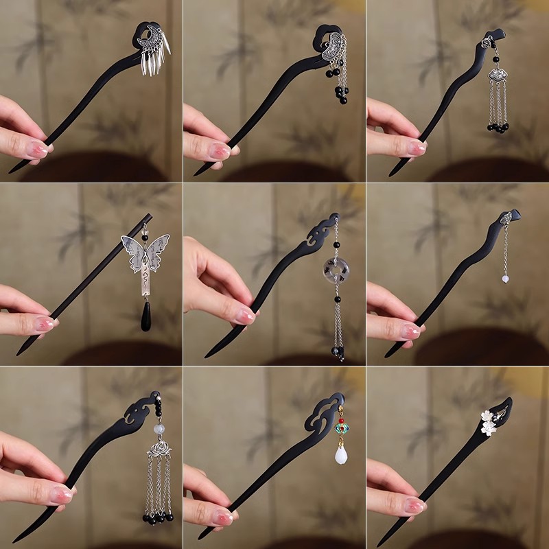 Pinzas de cabello nuevas chinas de alto nivel sensación pinzas de madera estilo antiguo cabello más de un disco de cabello de paso agitado decoración de cabello de mujer imitación de madera negra pinzas de bordas