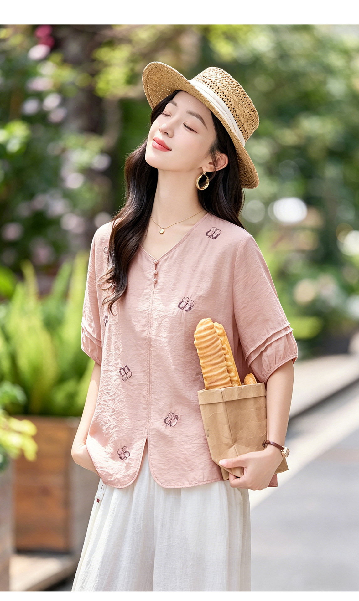Bộ hai mảnh nữ hè 2026 áo thêu phối quần ống rộng cao cấp MM6652 — Màu hồng, màu đỏ chi tiết 25