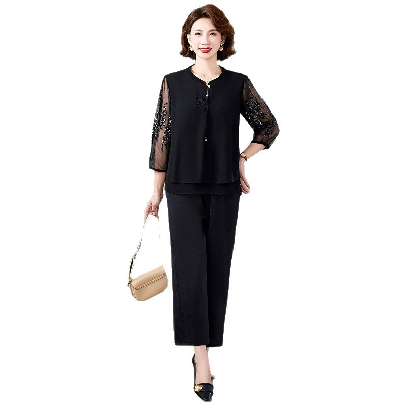 Весенне-летний повседневный костюм с рукавом три четверти для мамы, топ в западном стиле, летний шифоновый комплект из двух предметов для женщин среднего и пожилого возраста.