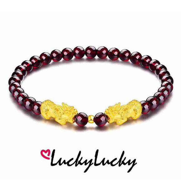 Bracelet with Double Pixiu for Attracting Wealth and Good Luck, Gold and Burgundy Garnet, Unisex, Ethnic Style