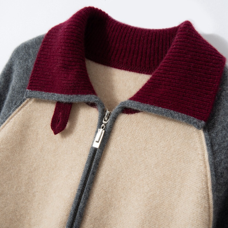 Casual Color-Blocked Sweater Jacket with Raglan Sleeves, Cashmere Cardigan for Women, Thick Pure Cashmere Baseball Jacket with Zipper for Autumn and Winter