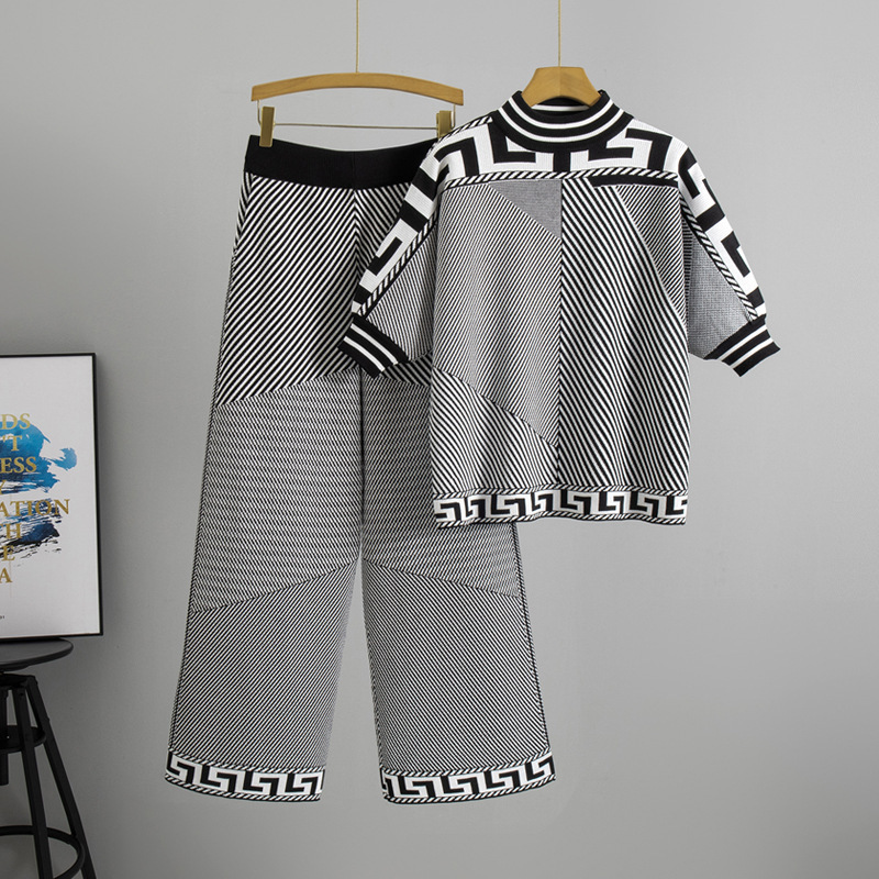 Cross-Border Foreign Trade Casual Temperament Suit Women's Spring and Summer New Short-Sleeved Striped Knitted Top Wide-Leg Pants Two-Piece Suit Cross-Border Foreign Trade Casual Temperament Suit Women's Spring and Summer New Short-Sleeved Striped Knitted Top Wide-Leg Pants Two-Piece Suit