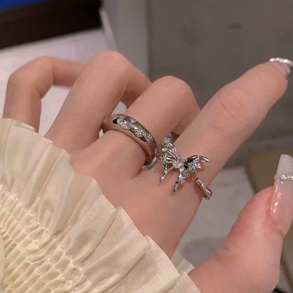 Minimalist Style~Silver Liquid Butterfly Zircon Ring for Women, Niche Design, Instagram-Style Index Finger Ring, High-End Open Ring