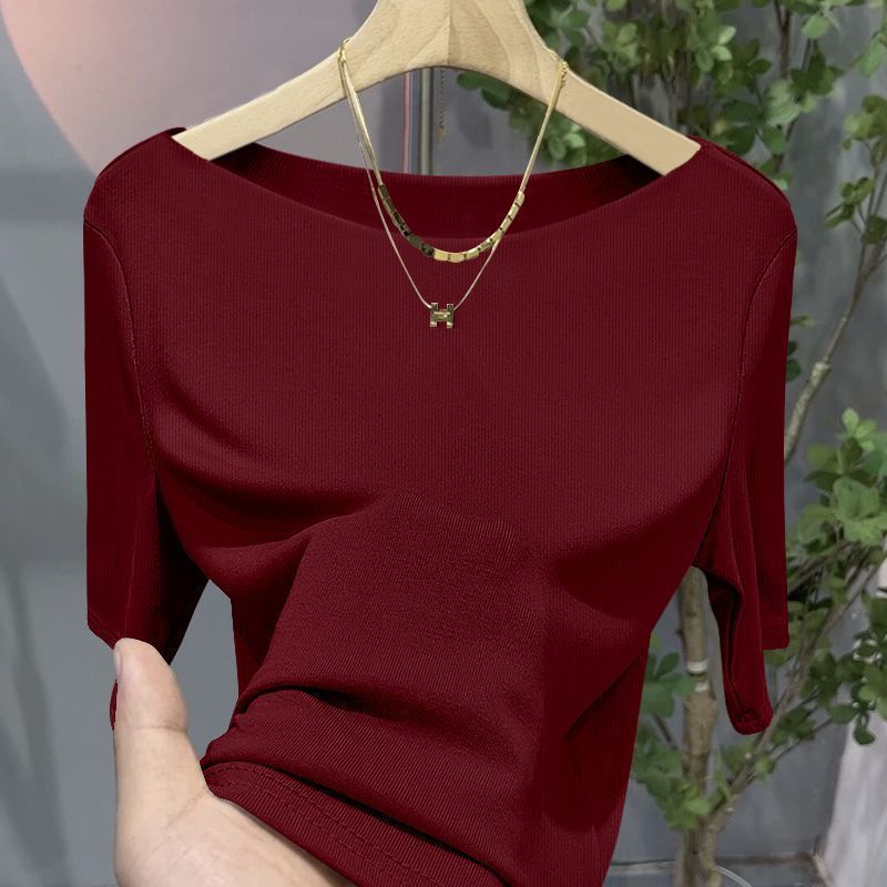 American-Style Simple Versatile Women's Top, Sexy Off-Shoulder Boat Neck, Three-Quarter Sleeve T-Shirt, Ribbed Solid Color Base Shirt