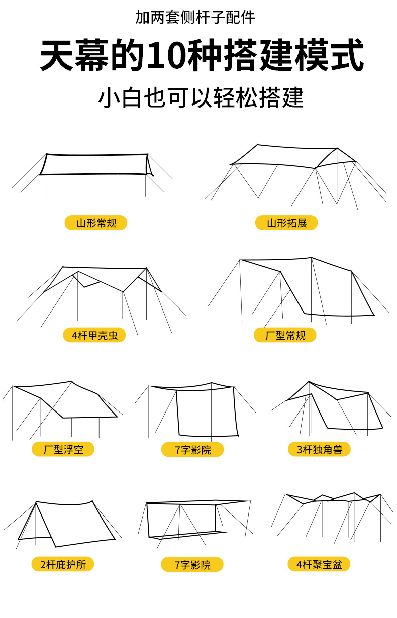 Outdoor canopy camping sunshade canopy black glue canopy multifunctional hanging point thick sunscreen coating camping rainproof