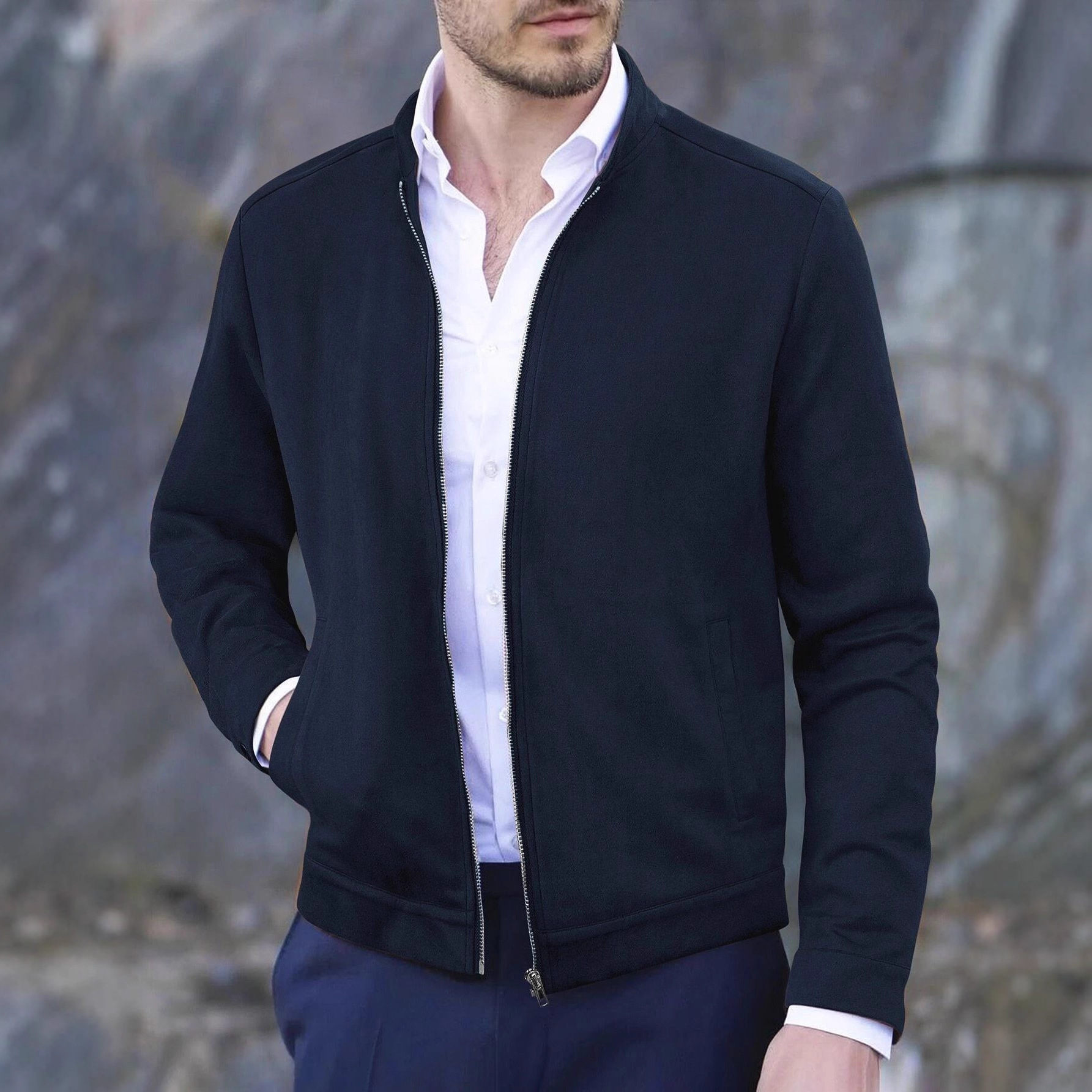 Nuevo comercio exterior de estilo europeo otoño y invierno delgado cuello redondo de manga larga cardigan de cuello vertical personalidad de estilo europeo y americano chaqueta casual para hombre