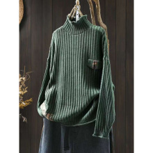 古咖服饰贴布高领棉线毛衣女大码冬季新款复古民族风宽松套头线衣