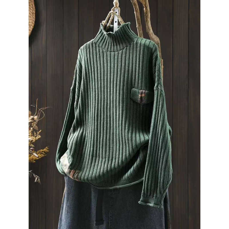 古咖服饰贴布高领棉线毛衣女大码冬季新款复古民族风宽松套头线衣