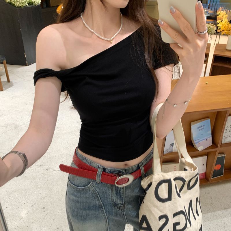 Special Wholesale Pure Lust Style Twisted Shoulder Short-Sleeved T-Shirt, Feminine Summer New Style, Korean Style Outfit