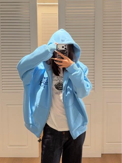 小众设计火柴人印花蓝色拉链连帽卫衣开衫女宽松休闲百搭外套26秋
