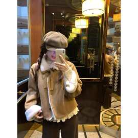 法式皮毛一体宽松百搭厚外套女2026秋冬新款小个子加绒短款棉服