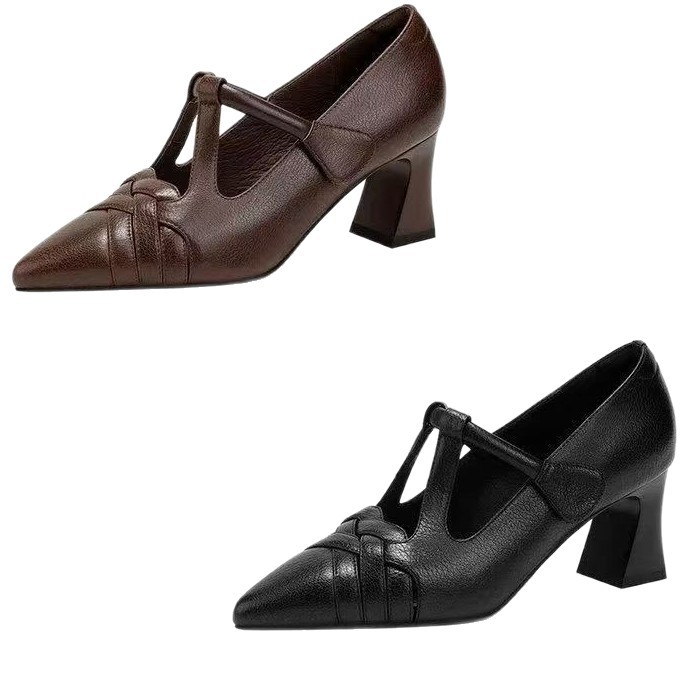 2026 primavera y verano nuevos zapatos de boca superficial de mujer con hebilla de talón grueso y desgaste zapatos de talón alto de mujer