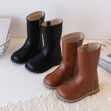 跨境外贸韩版儿童高筒单靴2025秋冬加绒保暖女童靴复古女孩马丁靴