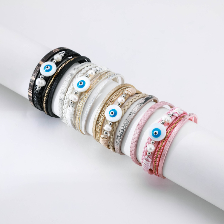 Bohemian multi-layer woven devilu0027s eye pearl leather bracelet