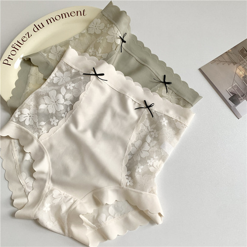 Spring and summer high-waisted belly-control women's sexy lace underwear women's silk bottom crotch breathable large size buttocks shaping briefs