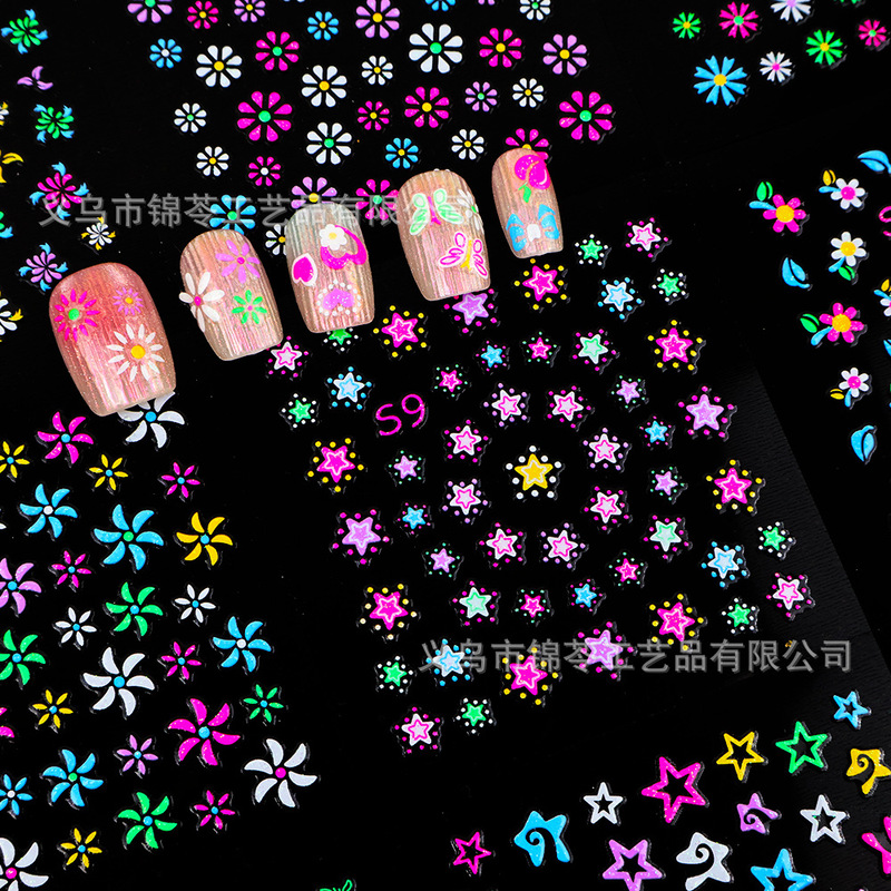 Cross-Border 24 Fluorescent Nail Art Stickers DIY Fluorescent Flower Butterfly Daisy Pattern Dopamine 3D Nail Stickers Cross-Border 24 Fluorescent Nail Art Stickers DIY Fluorescent Flower Butterfly Daisy Pattern Dopamine 3D Nail Stickers