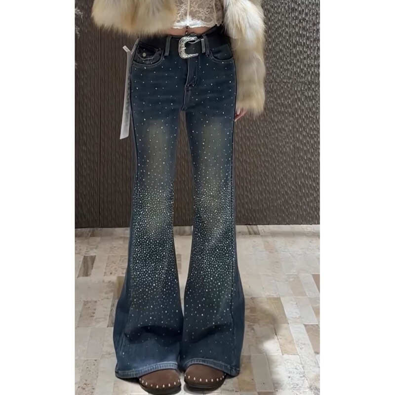 Heavy-Duty Style Shiny Washed Slim-Fit American-Style Plus-Size Retro Rhinestone Embellished Floor-Length Flared Jeans for Women
