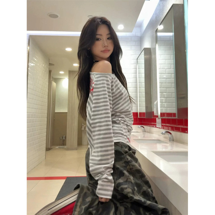 394#【广州色织条纹 原版做法】 宽松长袖t恤女  前后印花 上衣|undefined