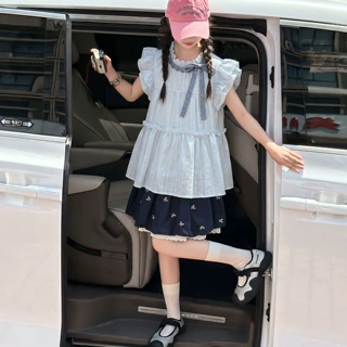 女童夏季韩版套装2026新款小女孩荷叶袖上衣花苞裙裤两件套夏装潮