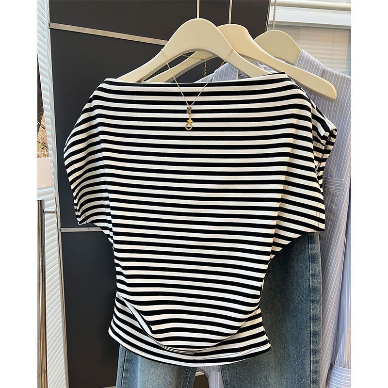 Elegant and versatile 2026 summer collection: Off-the-shoulder striped top with side pleats for a slimming effect; perfect for layering as a cardigan.