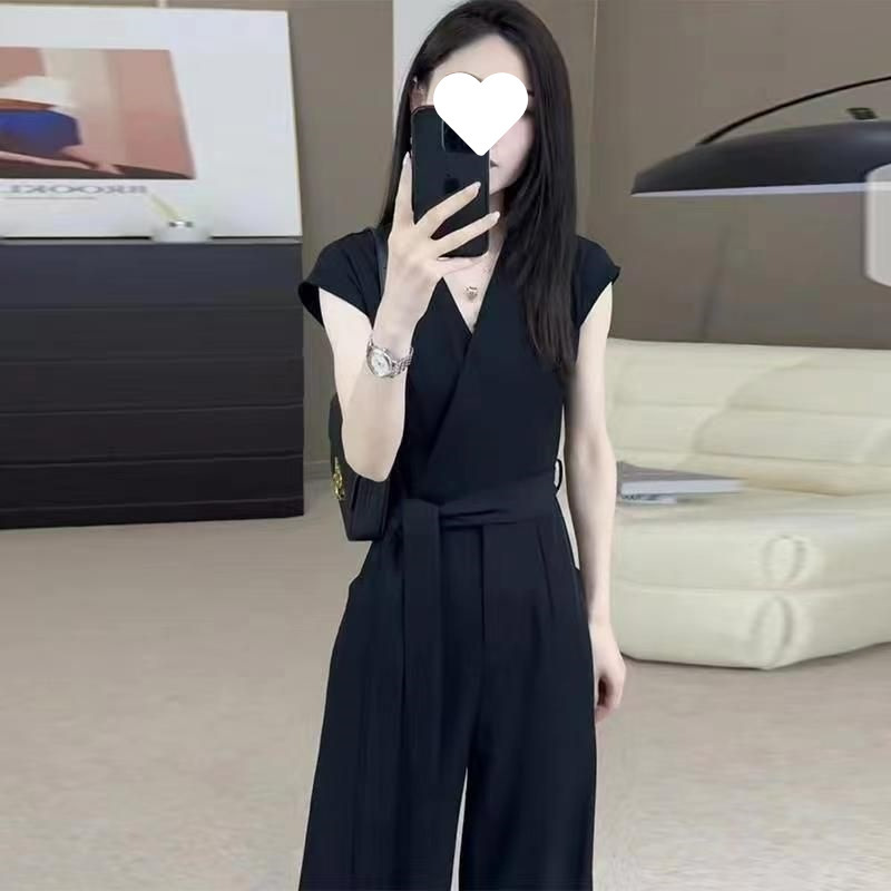 气质女神范连体裤女夏季职业通勤法式v领束腰修身显瘦阔腿裤代发