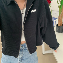 拉链夹克衫女装春秋新款百搭高街开衫宽松显瘦短款上衣华夫格外套