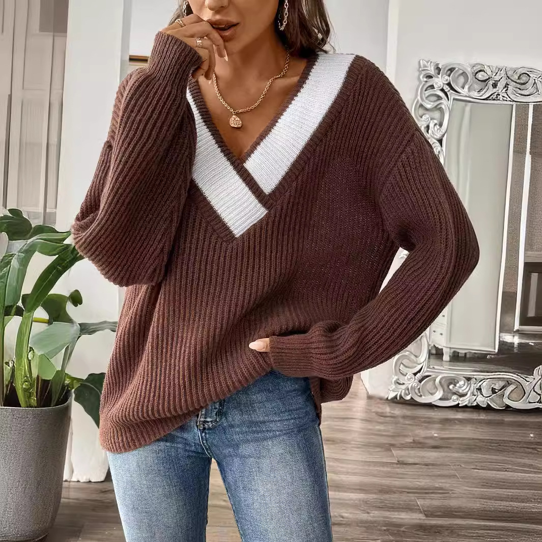 Women's Clothing New autumn and winter women's clothing contrast color stitching large V neck loose woven sweater pullover sweater_voghion.com