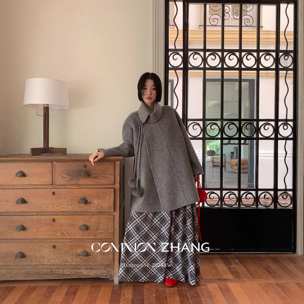 CZ ZHANG秋冬纯手工羊毛双面尼风衣外套女学院风减龄大衣 A49058