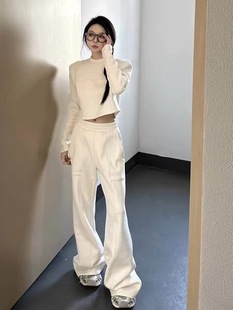 High-end casual sports suit for women in spring and autumn, high-slim and slim temperament short sweatshirt loose wide-leg pants two-piece set