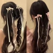 法式丝带珠珠长流苏蝴蝶结发夹芭蕾风甜美少女编发对夹新款发饰批