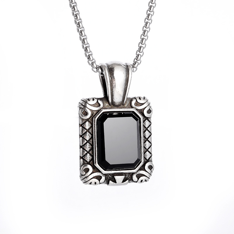 Collier Pendentif Carré En Alliage Écologique Pierre Noire Luxe_voghion.com