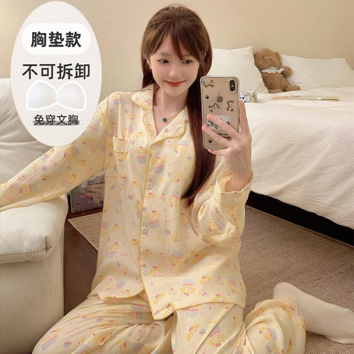 Al por mayor transfronterizo de otoño pantalones de manga larga pijamas casuales de mujer con cojín de pecho cardigan cómodo algodón nubes ropa para el hogar encantadora