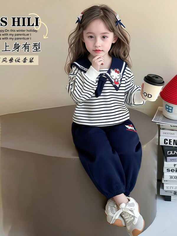 女童秋款卫衣套装儿童可爱海军领休闲运动套装宝宝卡通条纹蝴蝶结|undefined