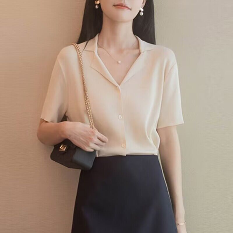 Áo cardigan nữ cổ POLO dệt kim lụa băng tay ngắn mùa hè — Màu trắng sữa chi tiết 3
