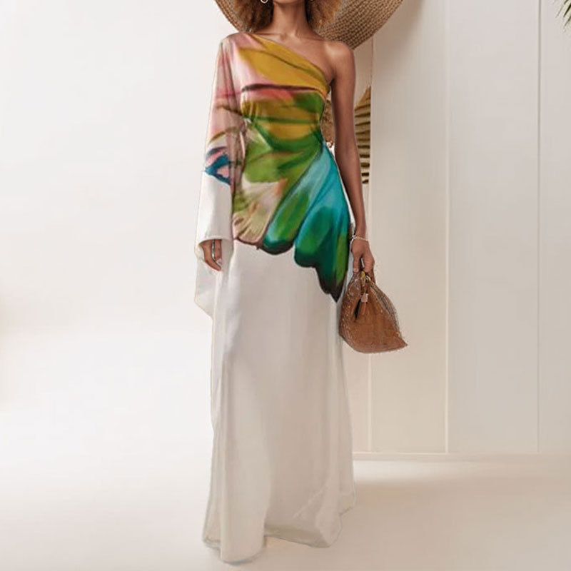 Transfronterizo 2025 Amazon primavera nueva ropa de mujer europea y americana con estampado de hombros inclinados temperamento elegante vestido delgado largo image 3