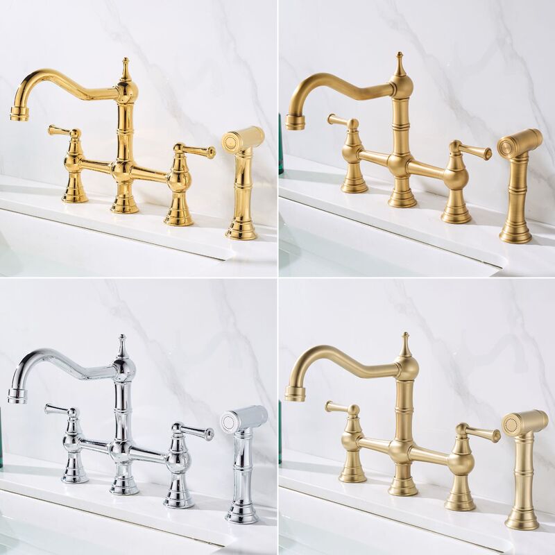French-style all-copper three-hole golden American retro bridge-type kitchen faucet with spray gun, rotatable brass hot and cold water French-style all-copper three-hole golden American retro bridge-type kitchen faucet with spray gun, rotatable brass hot and cold water