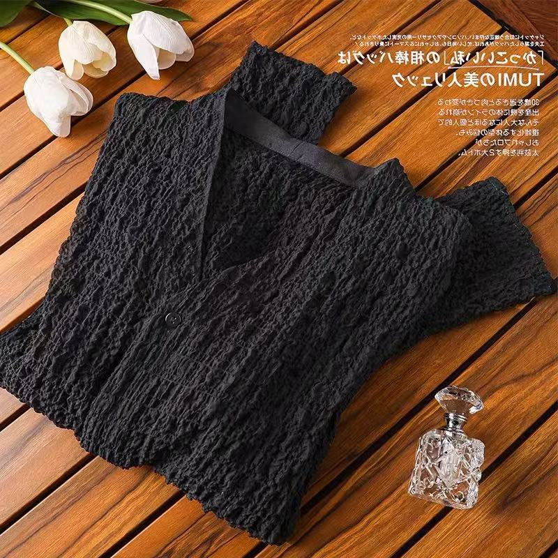 Quiet Luxury and Elegant Work Clothing! High Elastic Stereo Bubble Muscle Lightweight Skin-Friendly Short-Sleeved T-Shirt Right Shoulder Straight Top for Women