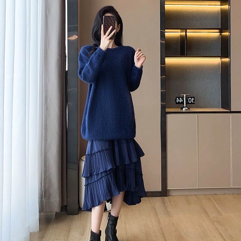 高端名媛蓝色毛衣裙高级时装套装女2025新款秋季小个子穿搭一整套|undefined