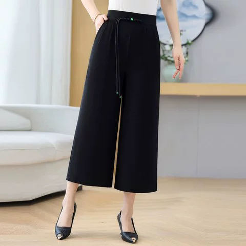 Брюки для мамы, широкие брюки с высокой талией, женские драпированные летние брюки нового стиля для среднего и пожилого возраста, прямые свободные повседневные брюки в национальном стиле с девятью точками