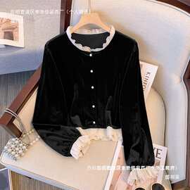 厂家直销法式感黑色金丝绒衬衫女秋季新款撞色荷叶边小个子气欧美