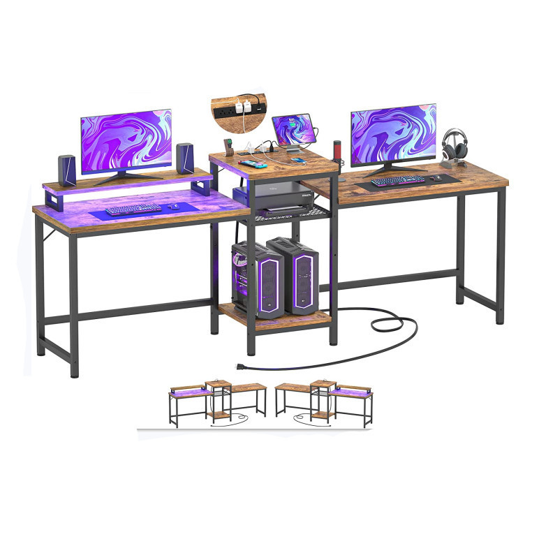 Double Computer Desk with Led Light Bar and Power Outlet,2 Person Office Desk with Monitor Stand Gaming Desk,