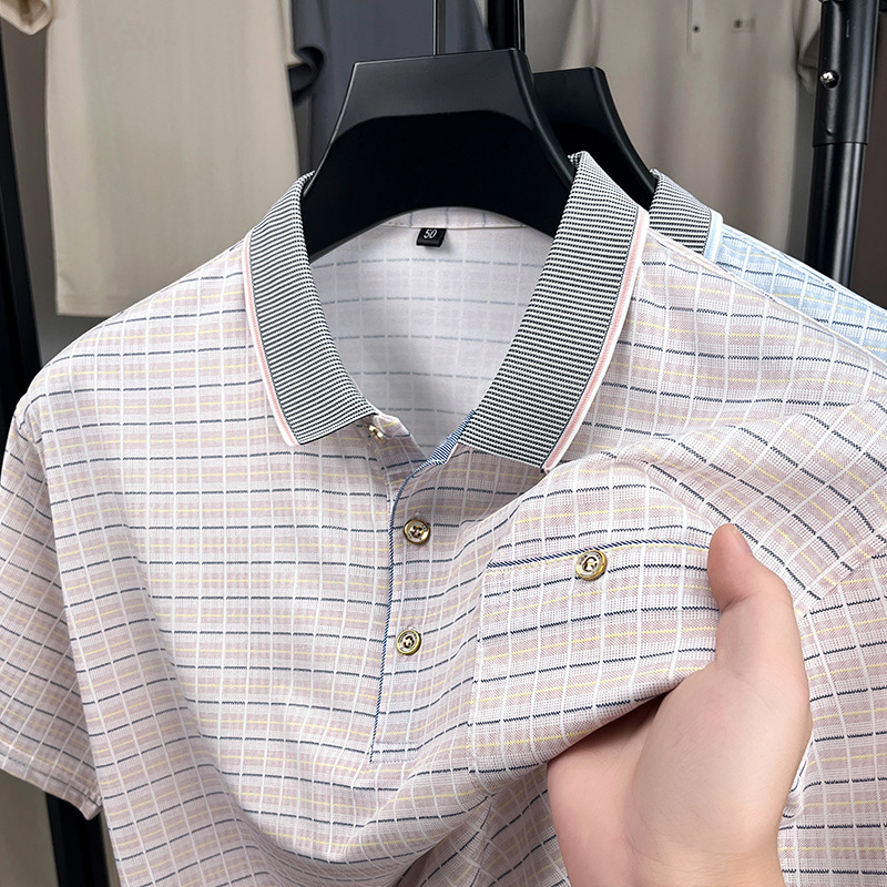 Middle-Aged Men's T-Shirt with Printed Plaid Pattern, Pocket, Casual and Comfortable Fabric, Fashionable Lapel Dad T-Shirt