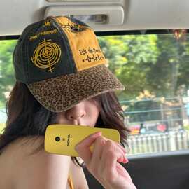 宋妍霏同款甜酷辣妹复古豹纹拼色做旧鸭舌帽女显脸小潮牌棒球帽男