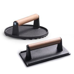 Amazon cross-border cast iron wooden handle long meat plate uncoated steak outdoor round meat Press