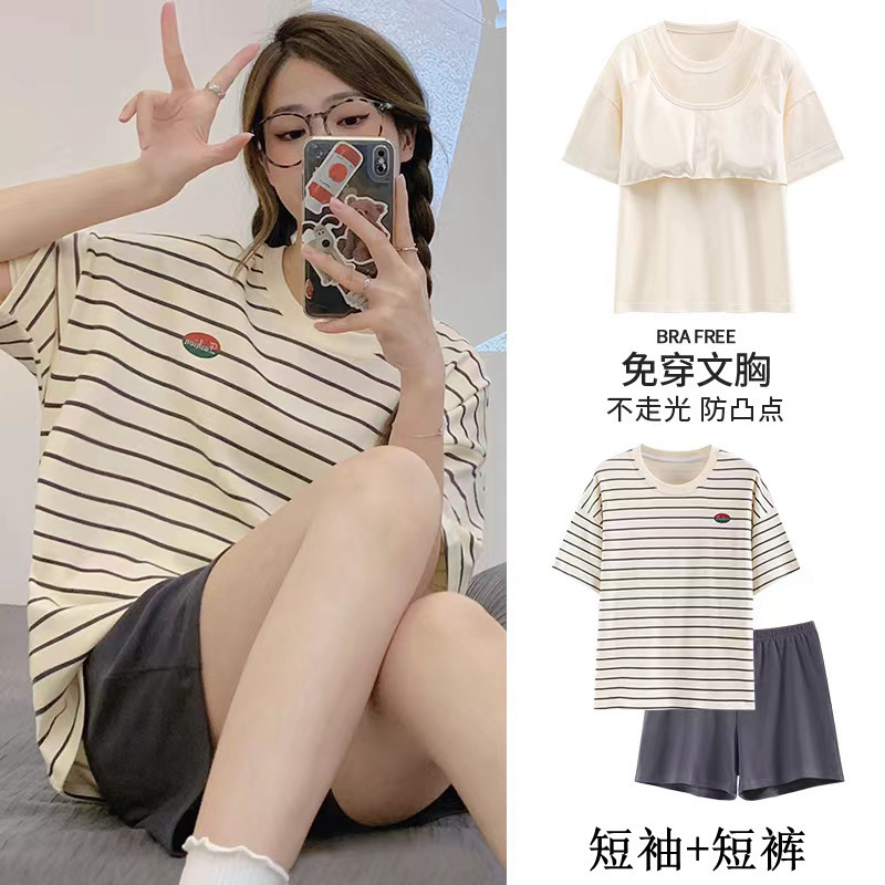 Pajamas with Breast Pads for Women Summer Short-Sleeved Wearable Home Clothes Two-Piece Suit 2025 New Summer Cartoon Large Size